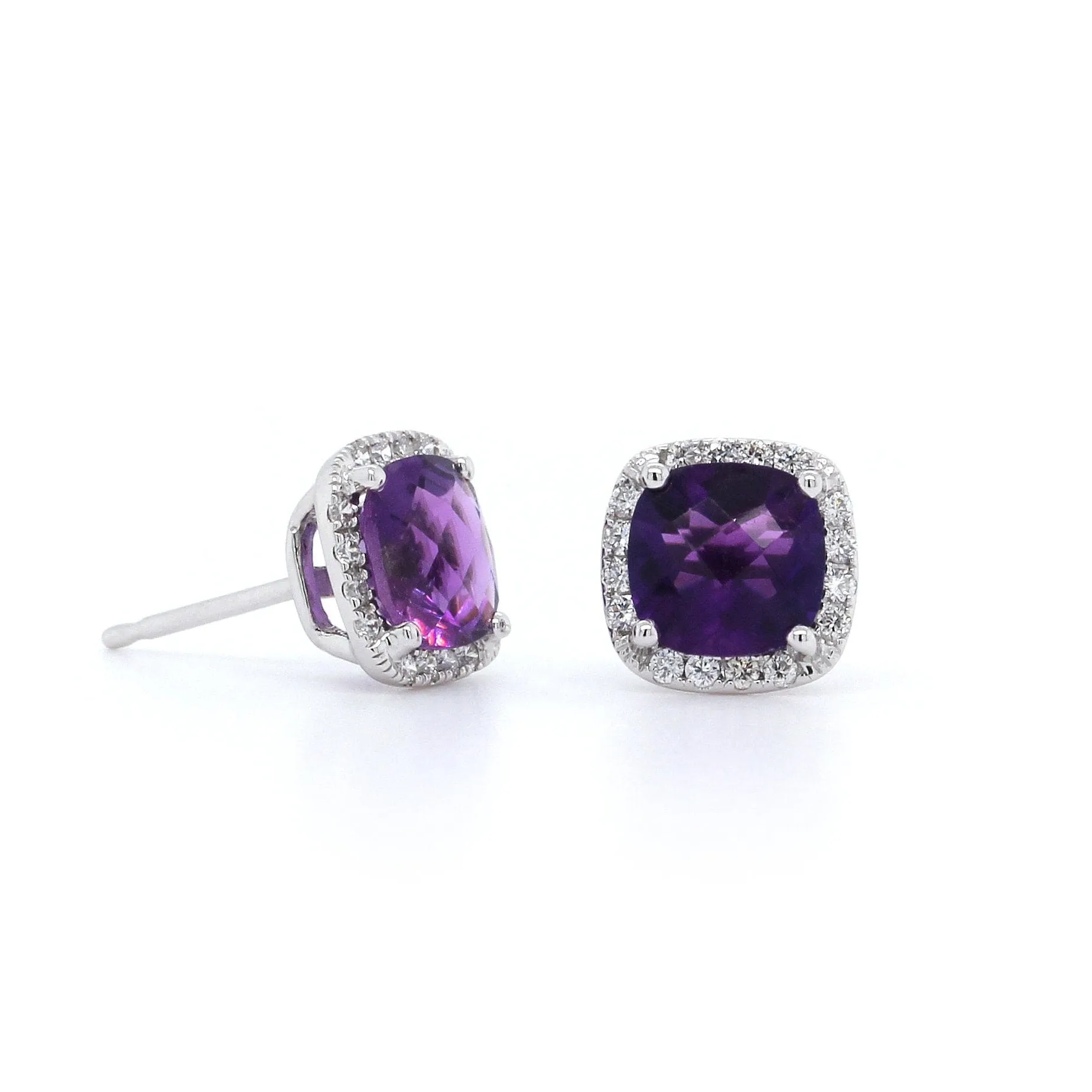 14K White Gold Amethyst with Diamond Halo Stud Earrings