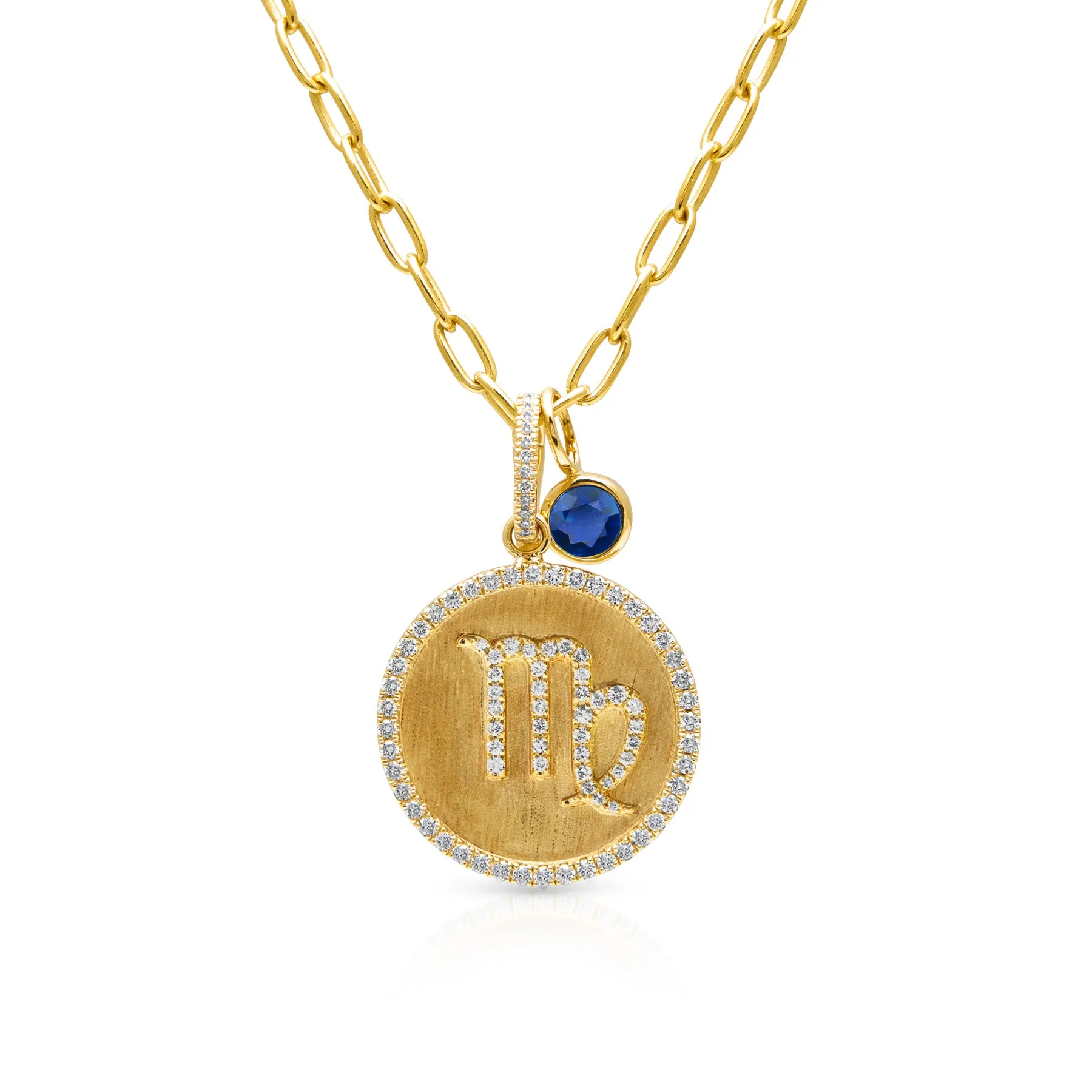 14KT Yellow Gold Diamond Zodiac Virgo Medallion Charm with Diamond Clip on Bail