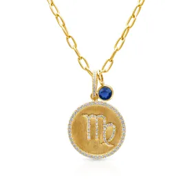 14KT Yellow Gold Diamond Zodiac Virgo Medallion Charm with Diamond Clip on Bail