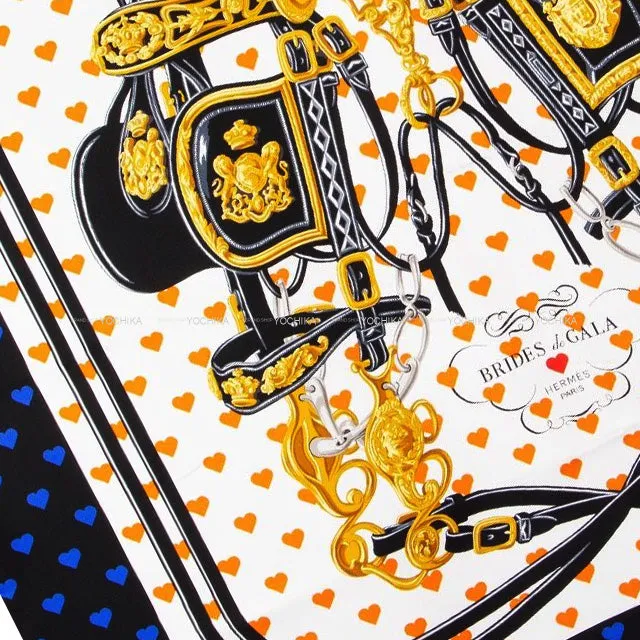 2017SS HERMES scarf Carre 90 Brides de Gala Love Blanc (White)/Orange/Noir (Black) Silk100%[EXCELLENT][Authentic]