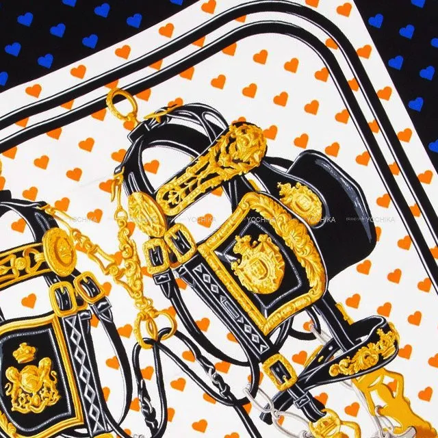 2017SS HERMES scarf Carre 90 Brides de Gala Love Blanc (White)/Orange/Noir (Black) Silk100%[EXCELLENT][Authentic]