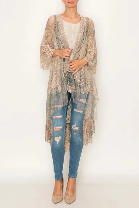 4508 LACE HI-LOW CARDIGAN TAUPE TURQ