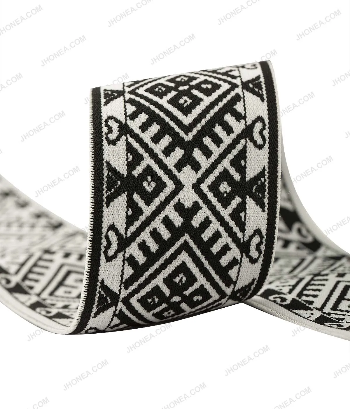 50mm (2inch) Wide Black & White Taniko Pattern Woven Jacquard Elastic