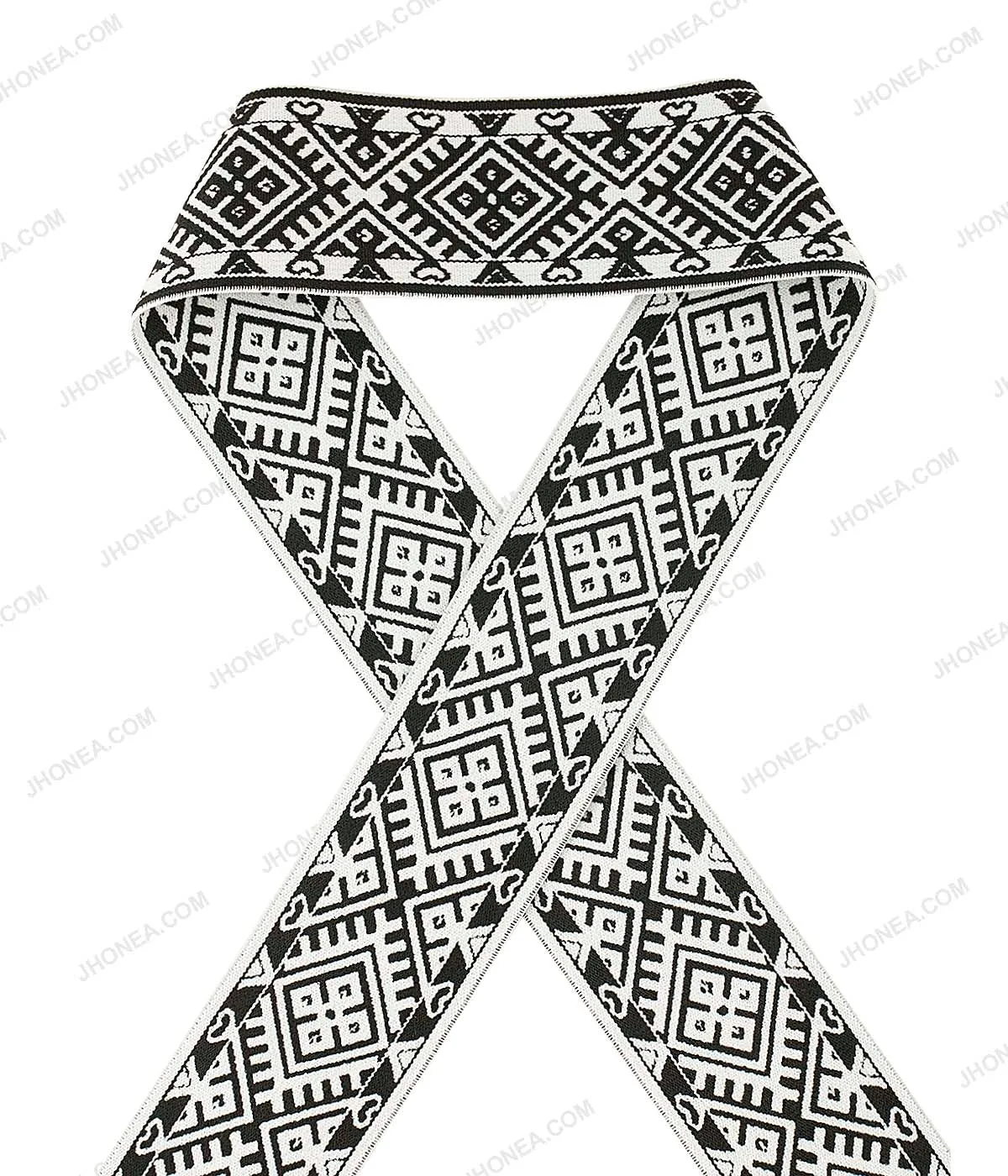 50mm (2inch) Wide Black & White Taniko Pattern Woven Jacquard Elastic