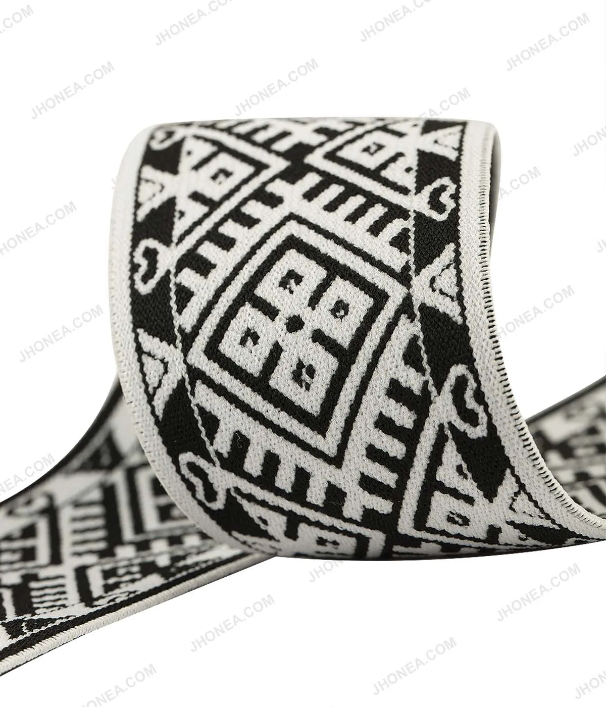 50mm (2inch) Wide Black & White Taniko Pattern Woven Jacquard Elastic