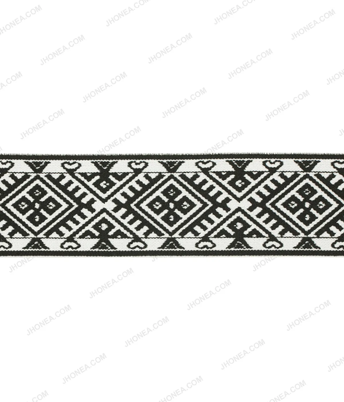 50mm (2inch) Wide Black & White Taniko Pattern Woven Jacquard Elastic