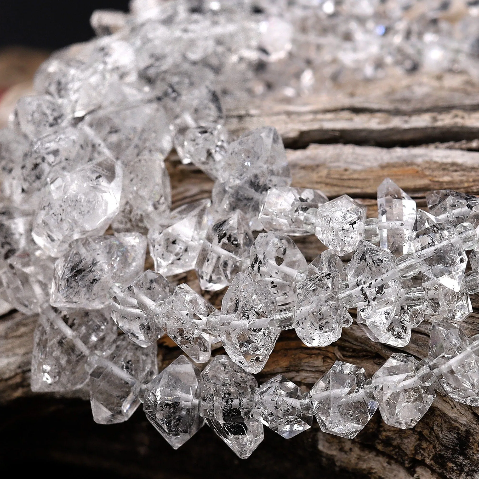 AAA Graduated Super Clear Natural Herkimer Double Terminated Diamond Quartz Beads W/ Black Anthraxolite Inclusion 18" Strand