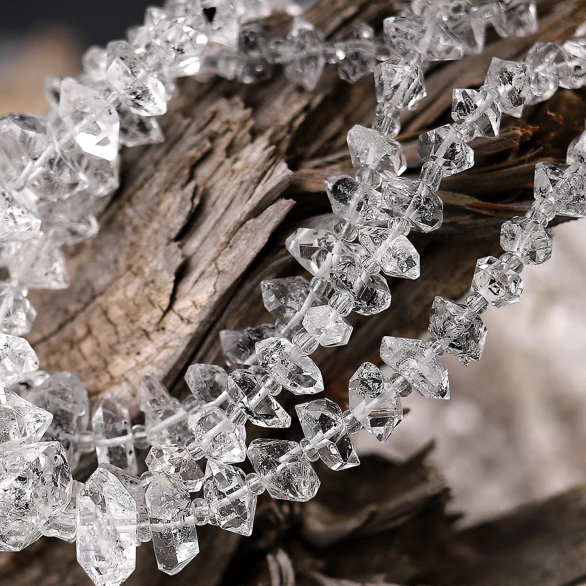 AAA Graduated Super Clear Natural Herkimer Double Terminated Diamond Quartz Beads W/ Black Anthraxolite Inclusion 18" Strand