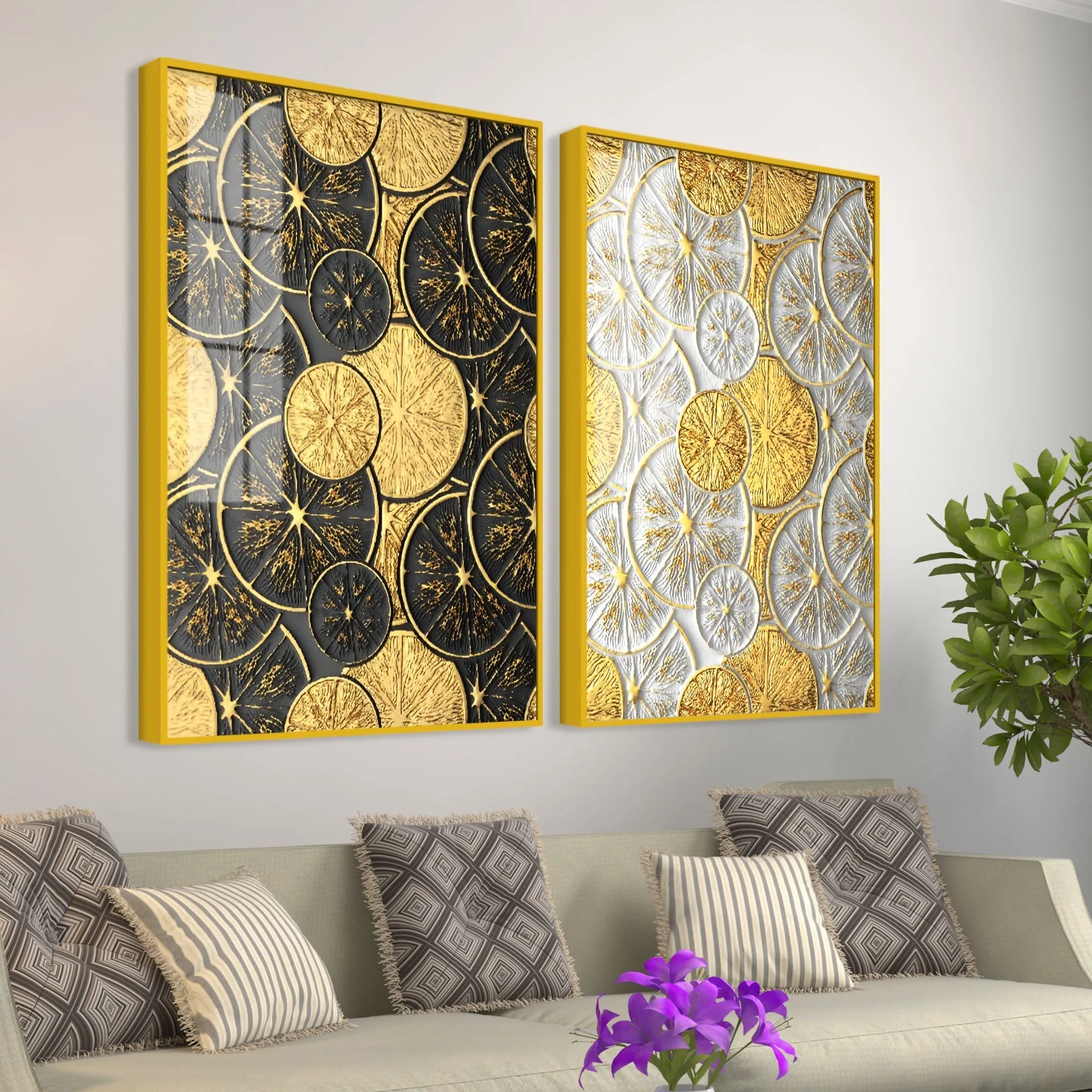 Abstract Golden Shapes Art Acrylic Floating Wall Painting Set Of 2