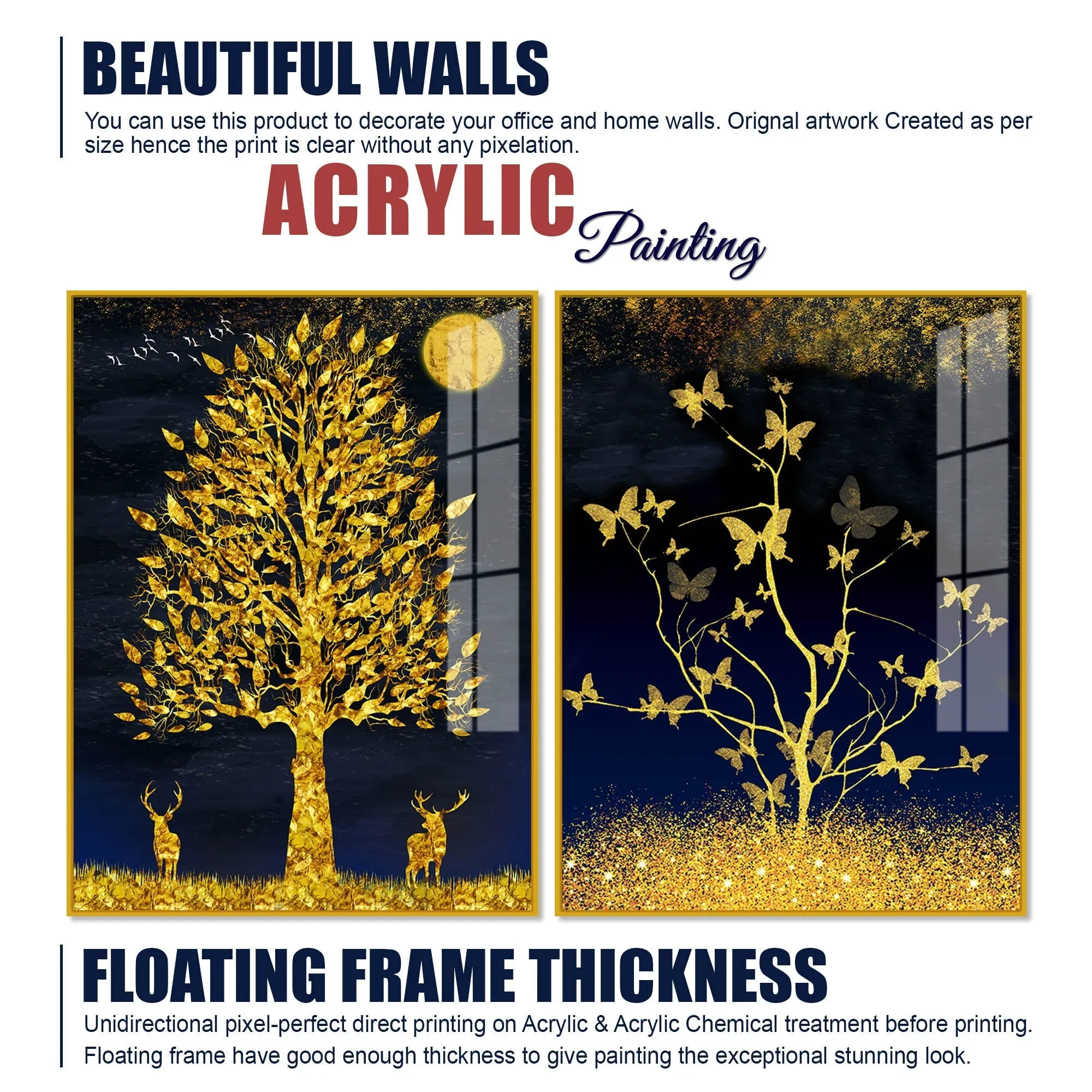 Abstract Golden Shiny Leaves Acrylic Floating Wall Painting Set Of 2