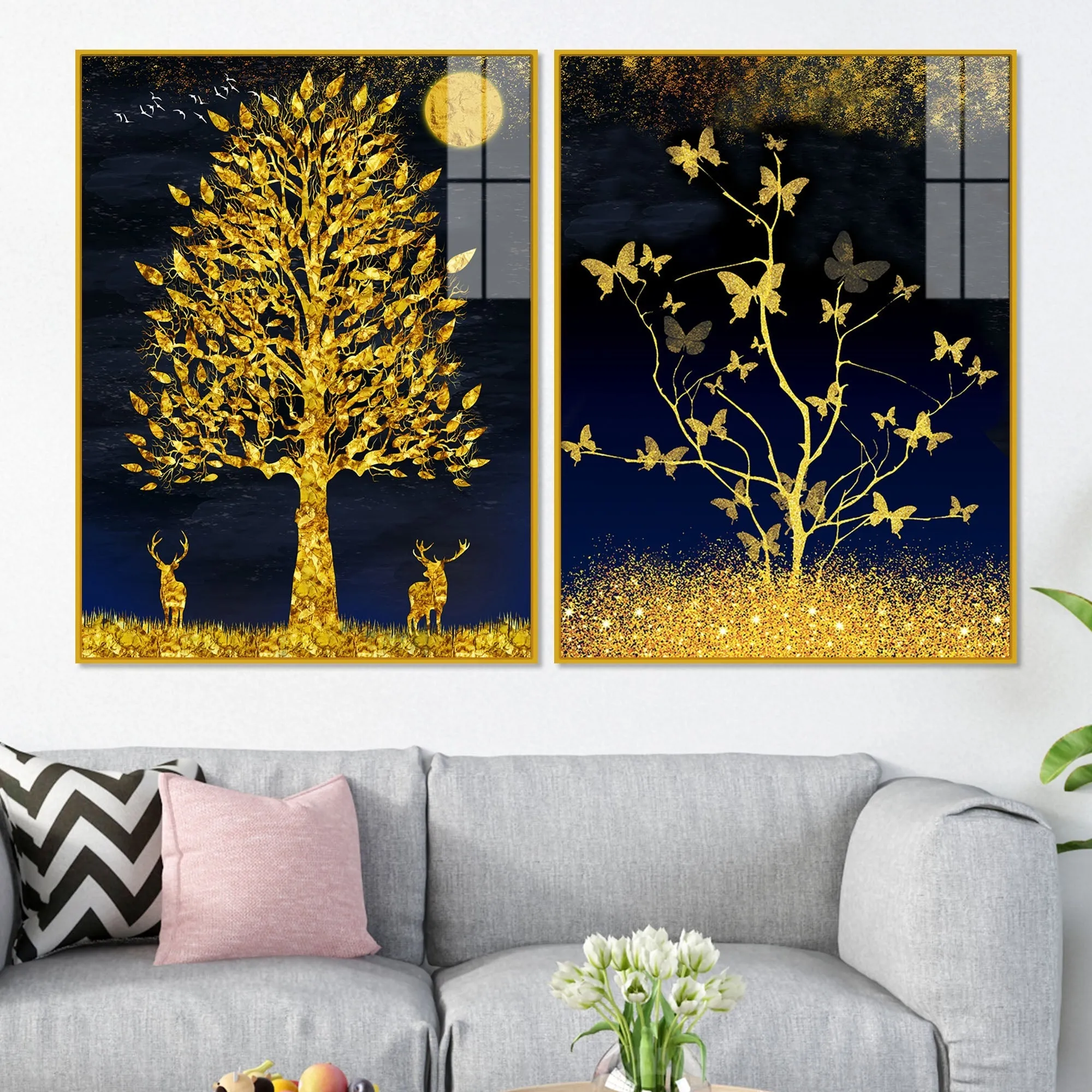 Abstract Golden Shiny Leaves Acrylic Floating Wall Painting Set Of 2