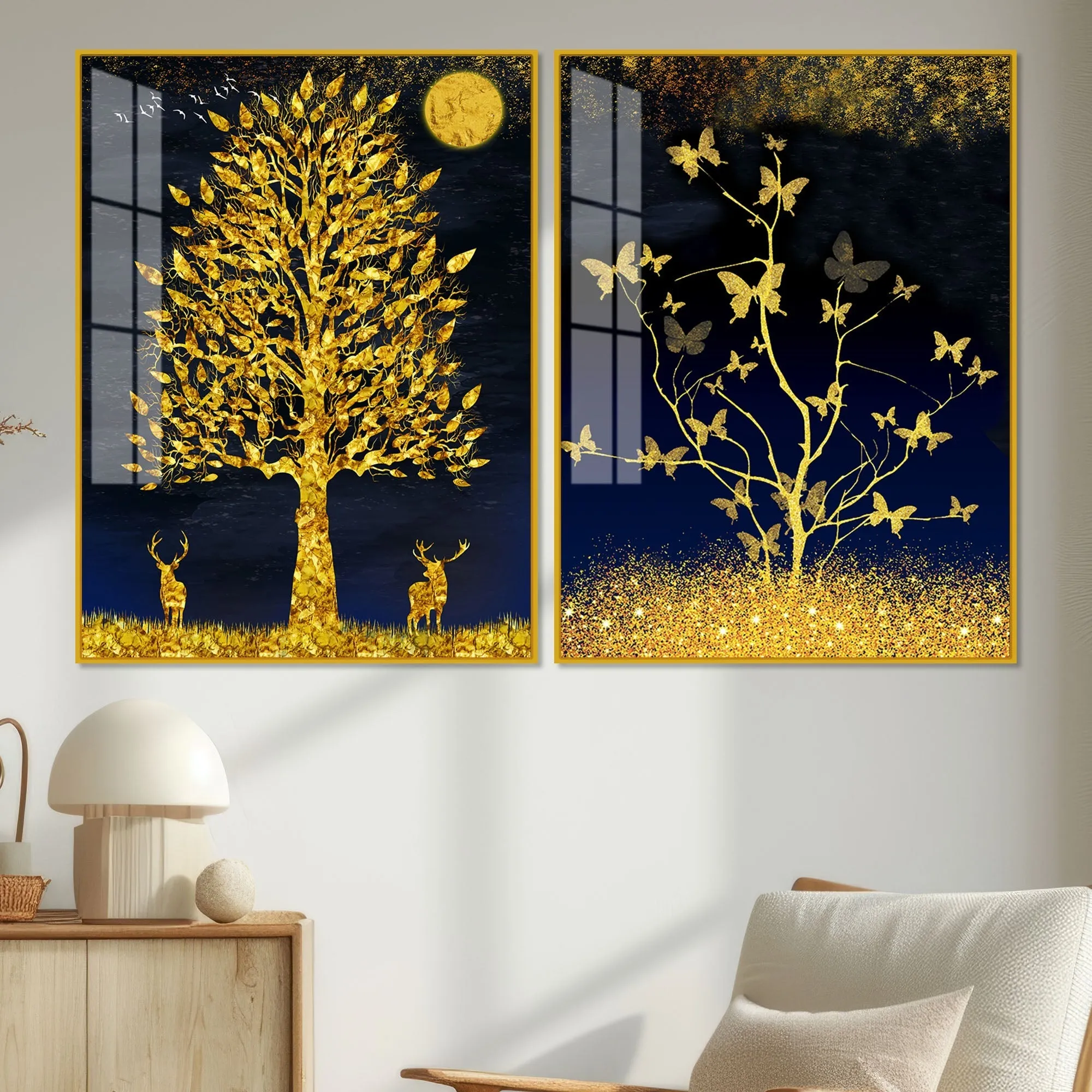 Abstract Golden Shiny Leaves Acrylic Floating Wall Painting Set Of 2