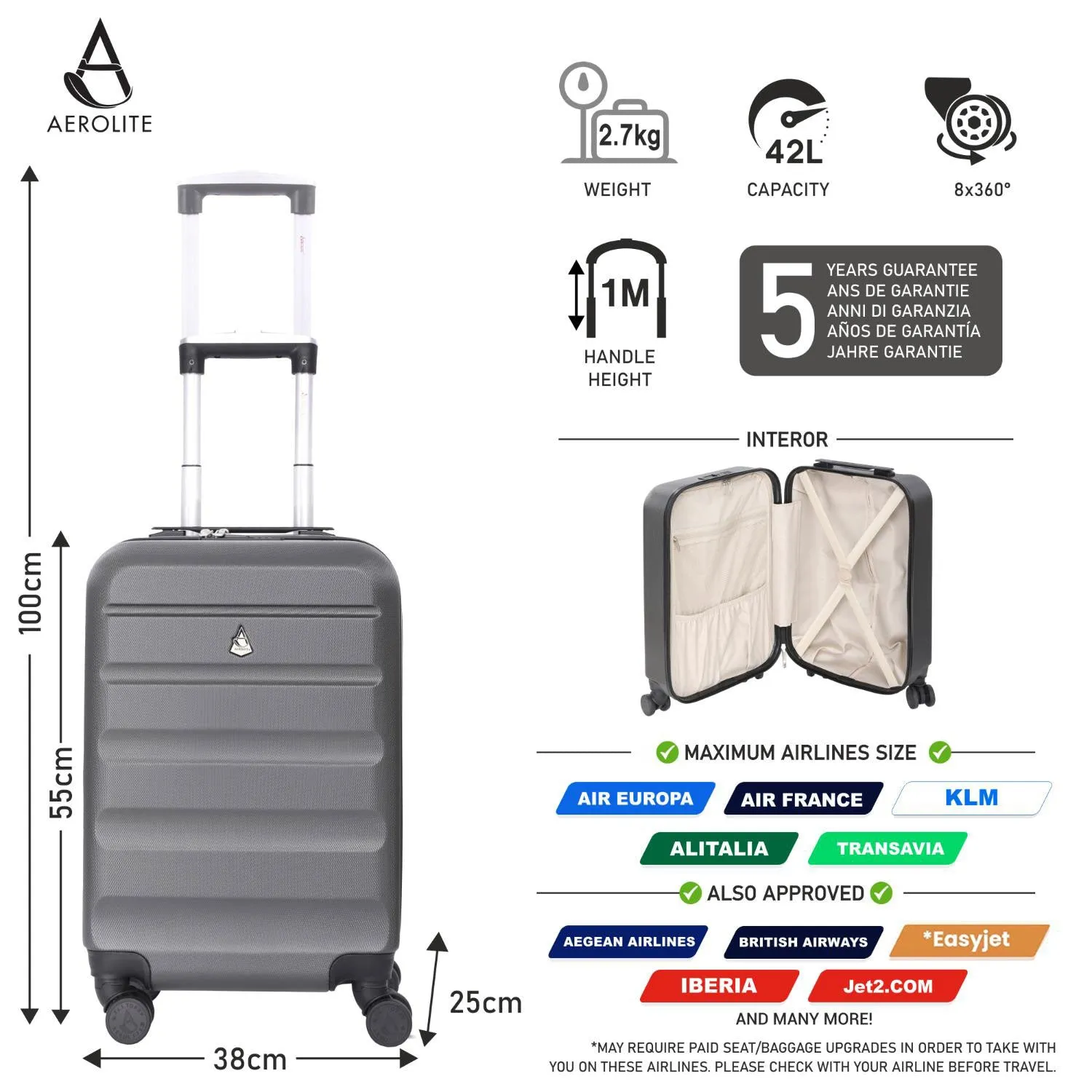 Aerolite (55x35x25cm) Hard Shell Carry On Hand Cabin Luggage Suitcase with 4 Wheels and Built-in TSA Combination Lock, Max Size for Air Europa, Air France, Alitalia, KLM & Transavia