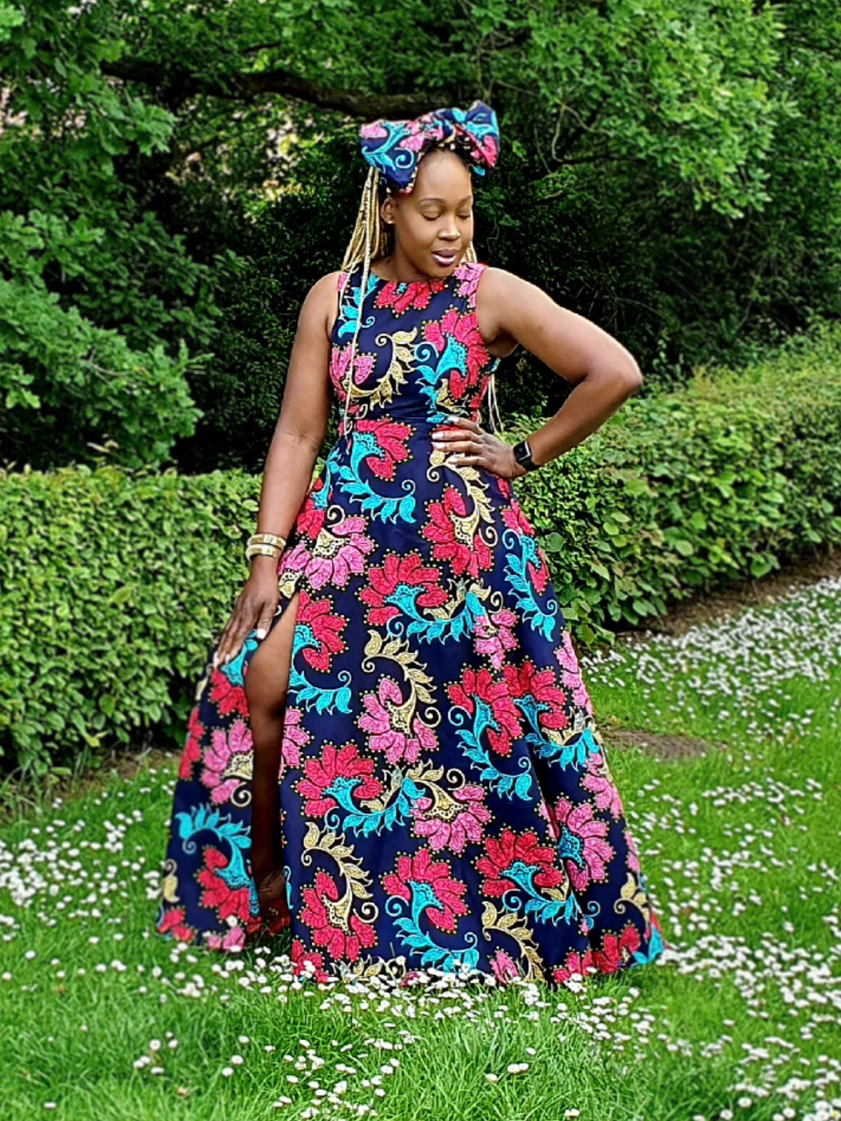 African Floral Print Sleeveless Maxi Dress in Navy Blue - Didi