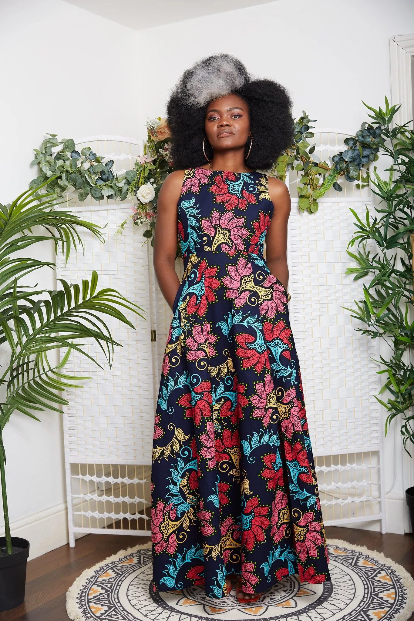 African Floral Print Sleeveless Maxi Dress in Navy Blue - Didi