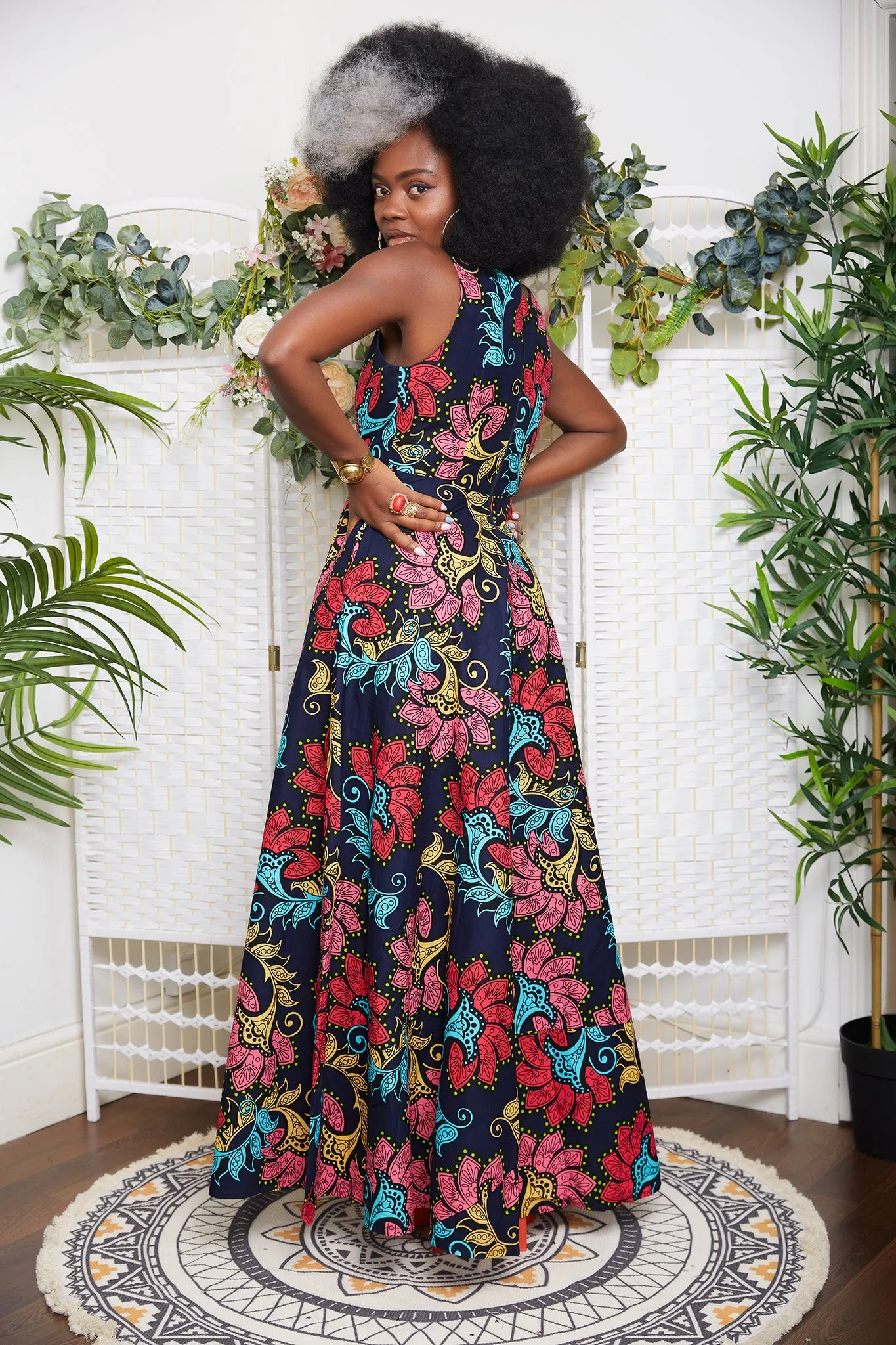 African Floral Print Sleeveless Maxi Dress in Navy Blue - Didi