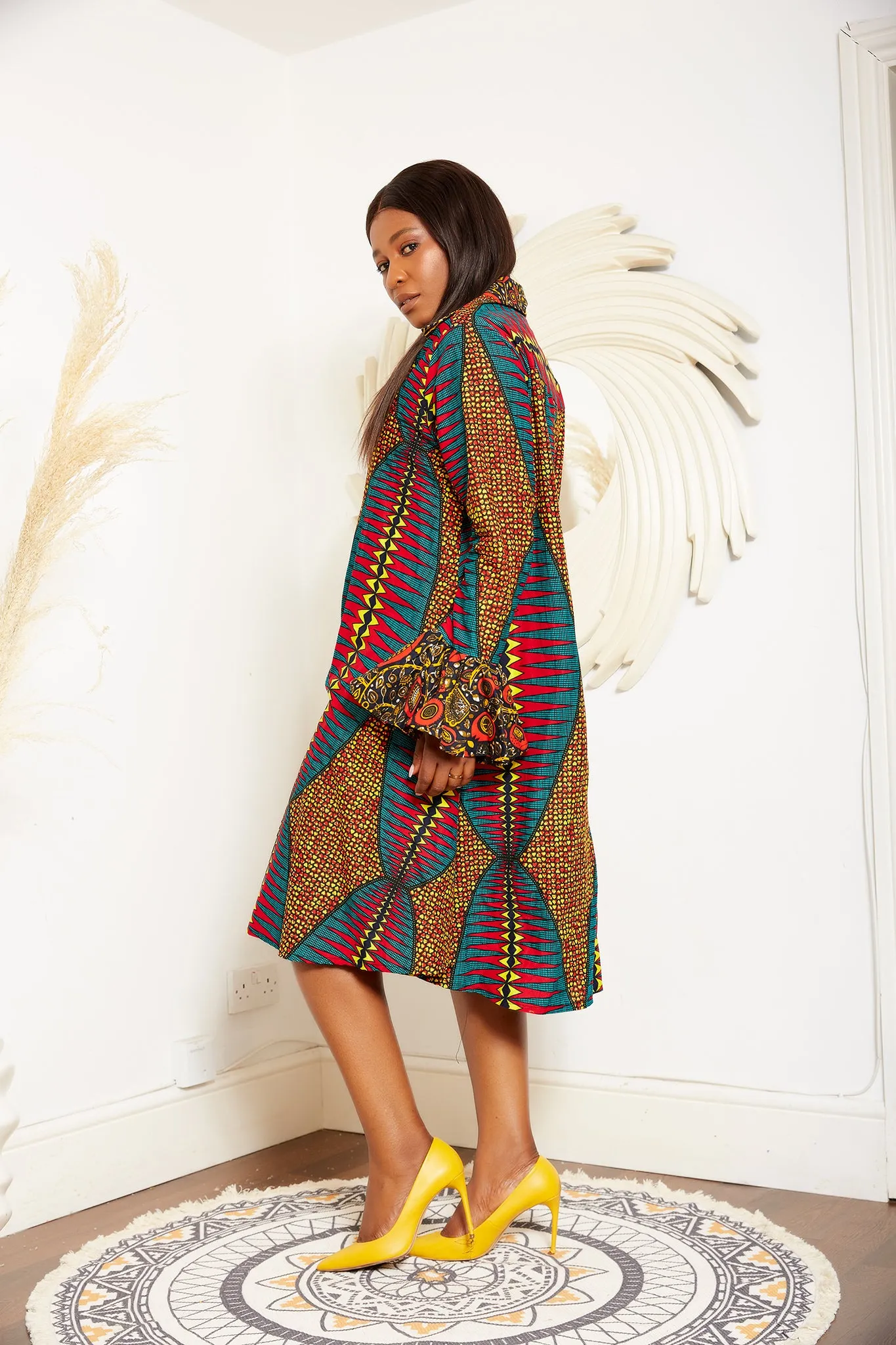 African Print Long Sleeve Shirt Dress - Sophia