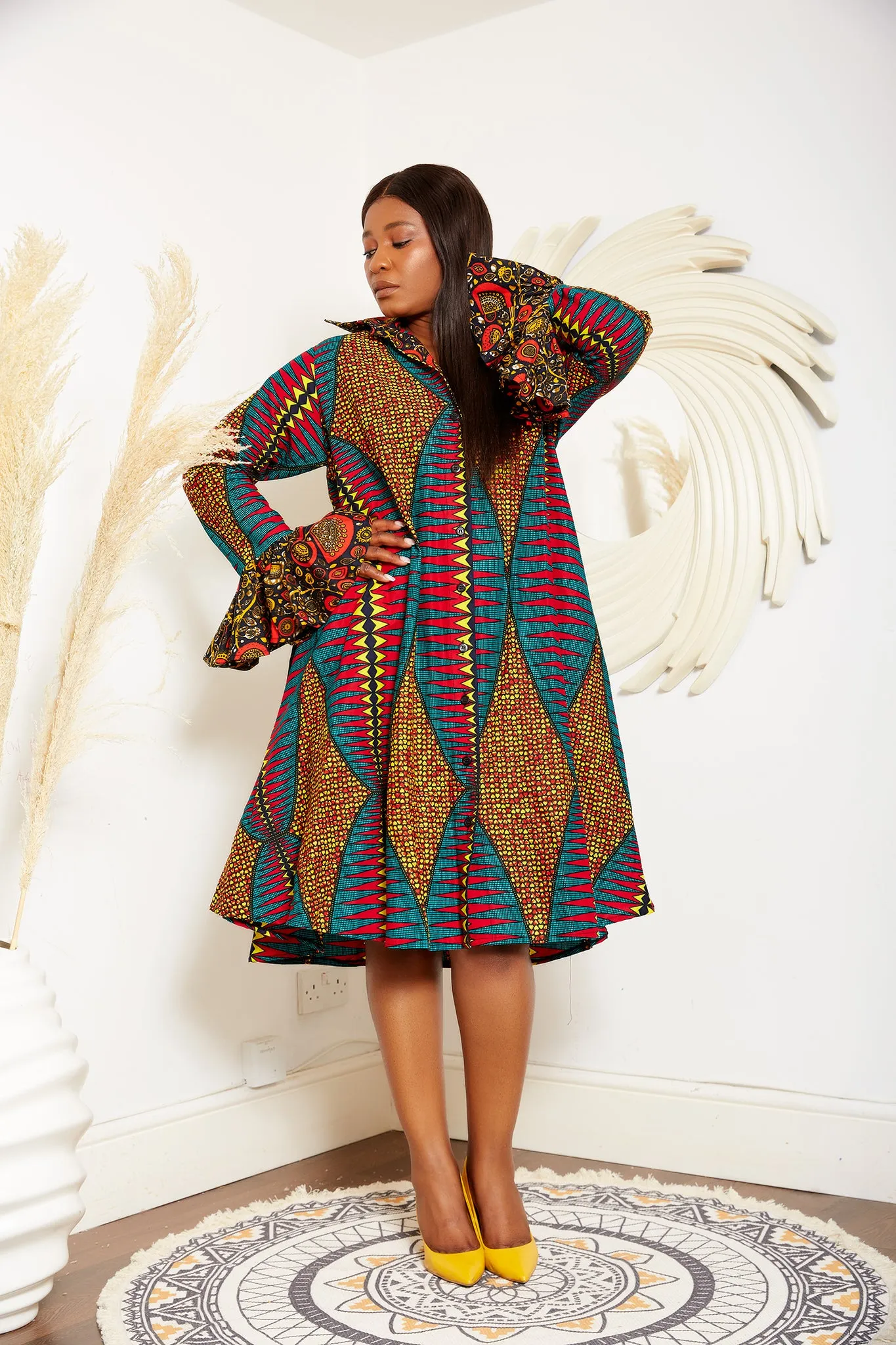 African Print Long Sleeve Shirt Dress - Sophia