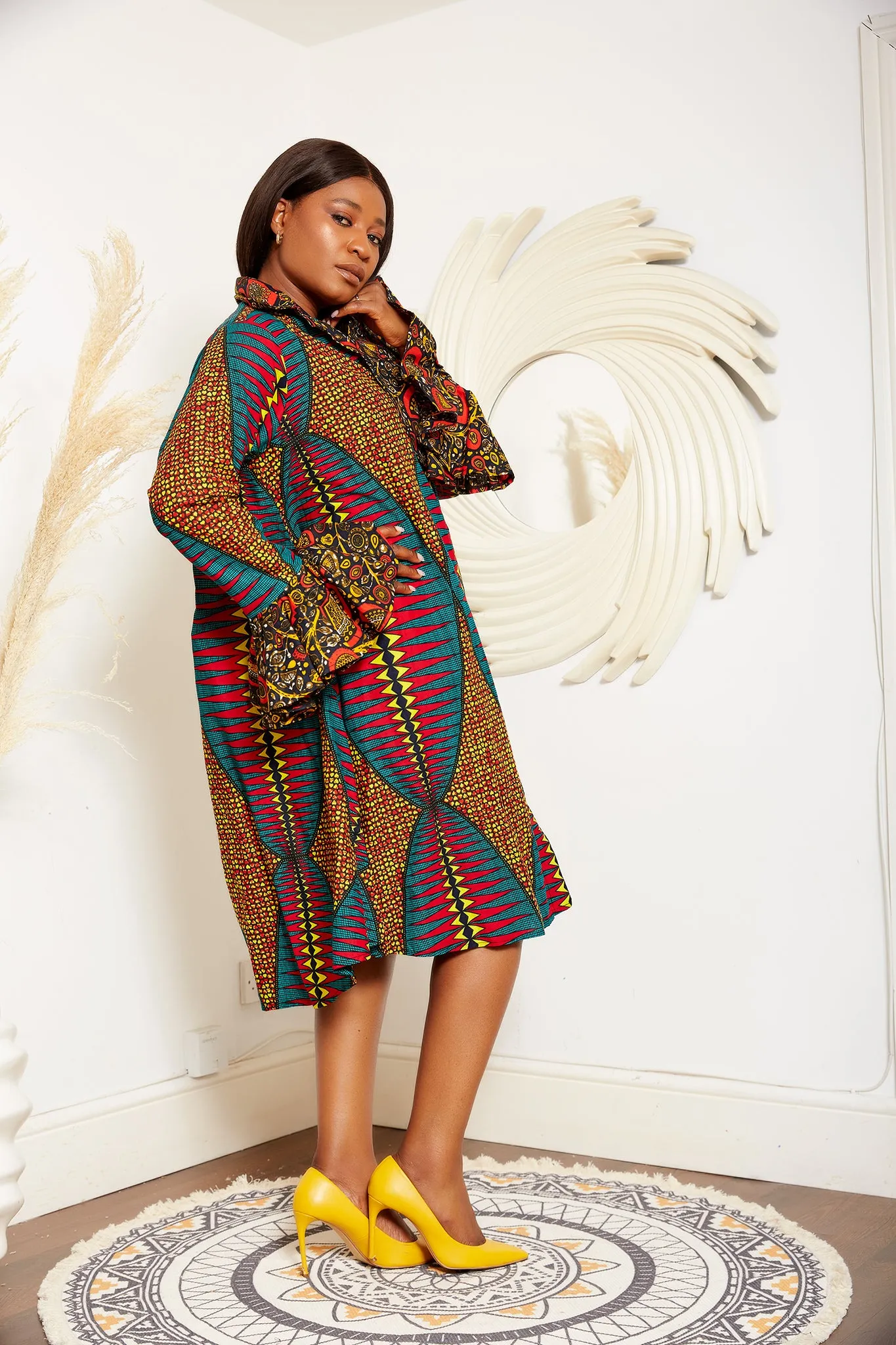 African Print Long Sleeve Shirt Dress - Sophia