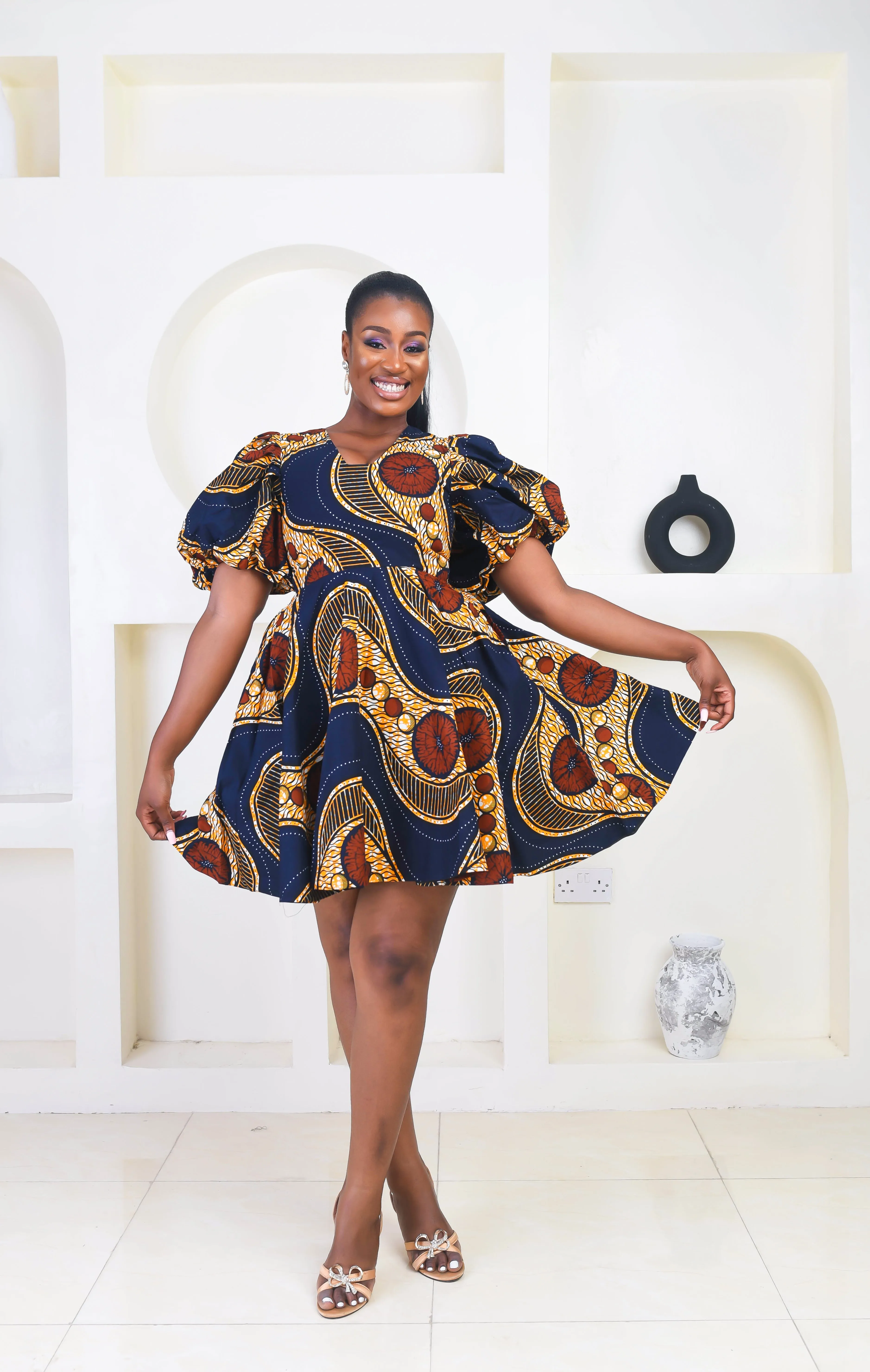 African Print Puff Sleeve Short Dress - Deolla