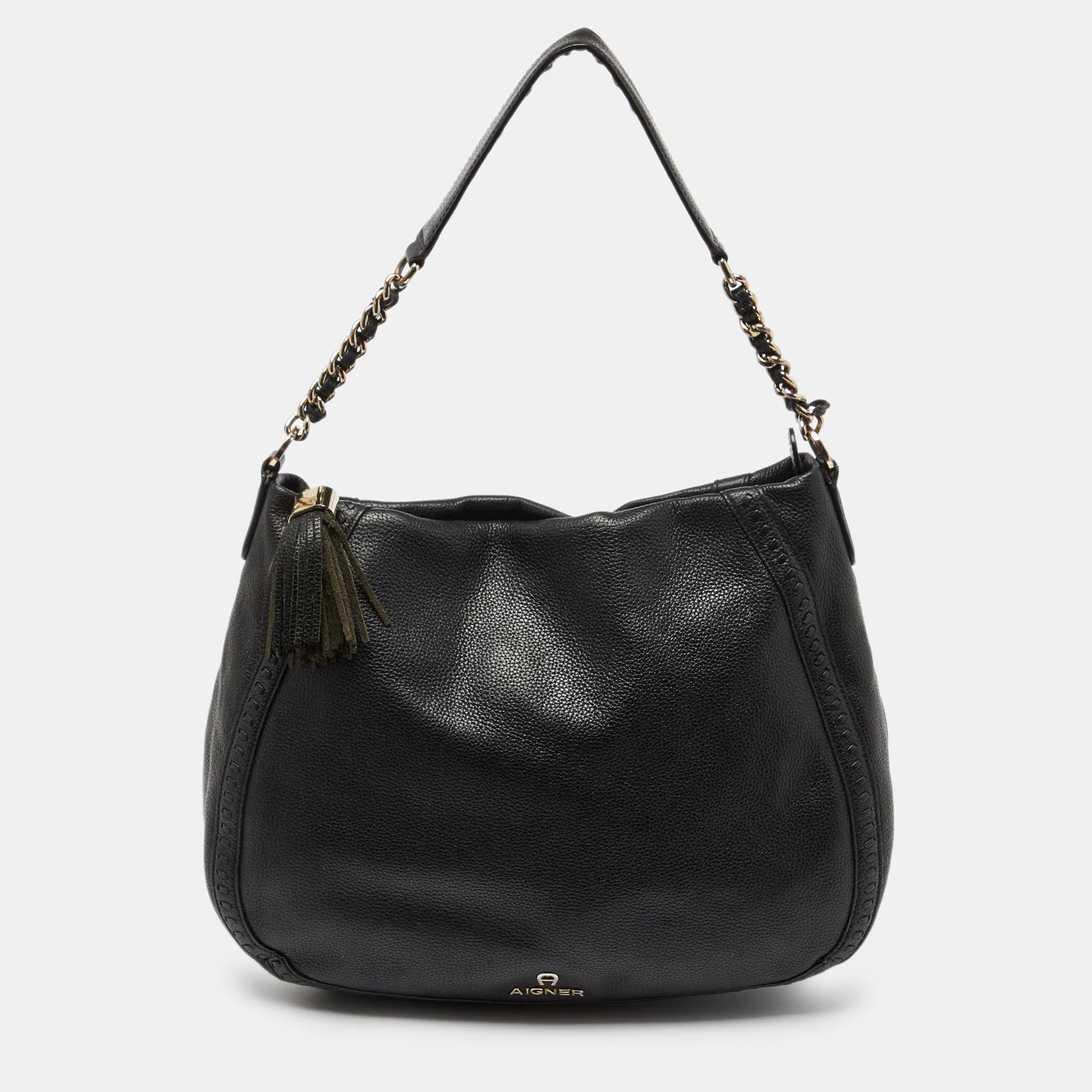 AIGNER Black Leather Zip Hobo