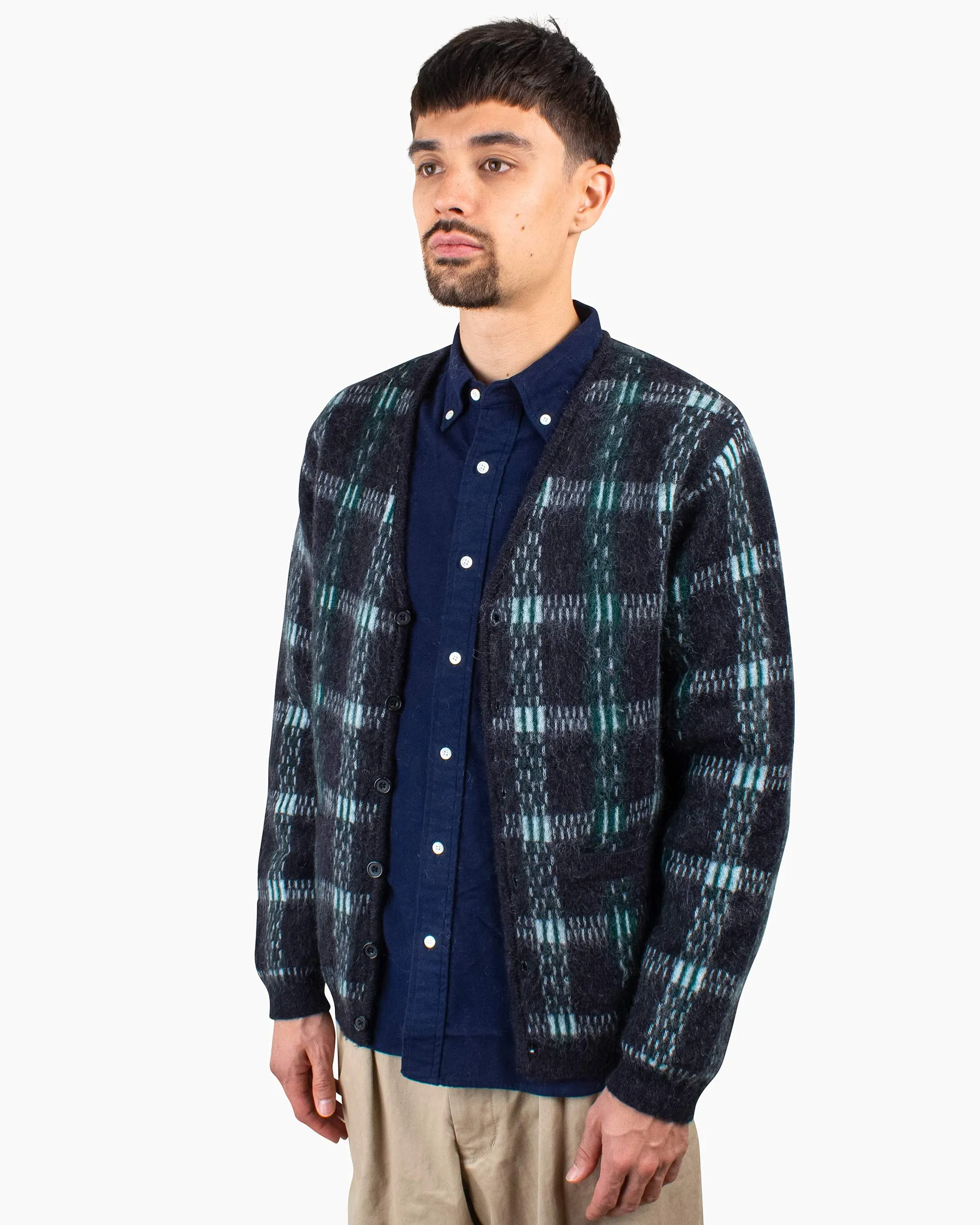 Beams Plus Cardigan Check Pattern Jacquard Mohair 9G Black