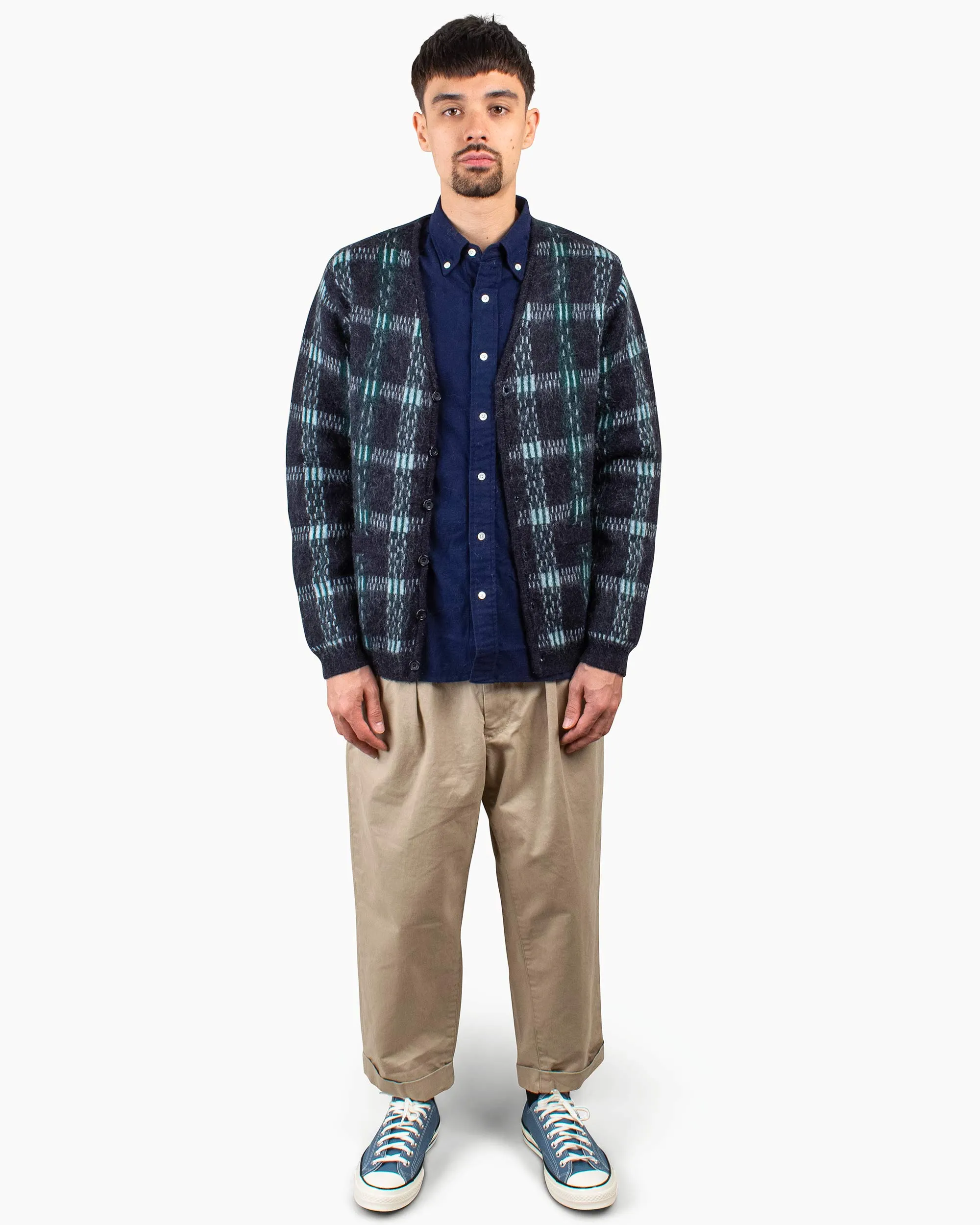 Beams Plus Cardigan Check Pattern Jacquard Mohair 9G Black