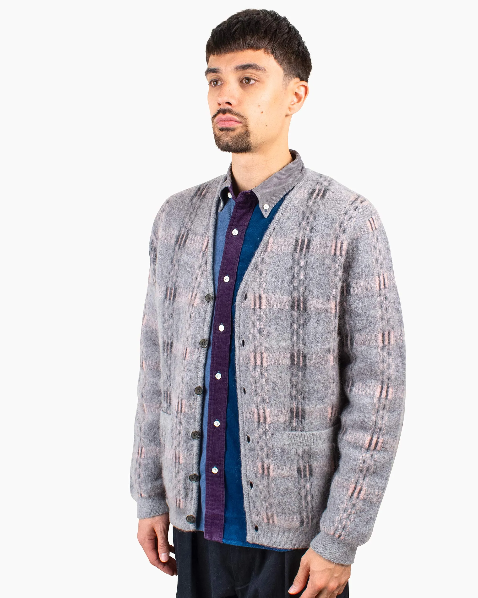 Beams Plus Cardigan Check Pattern Jacquard Mohair 9G Grey