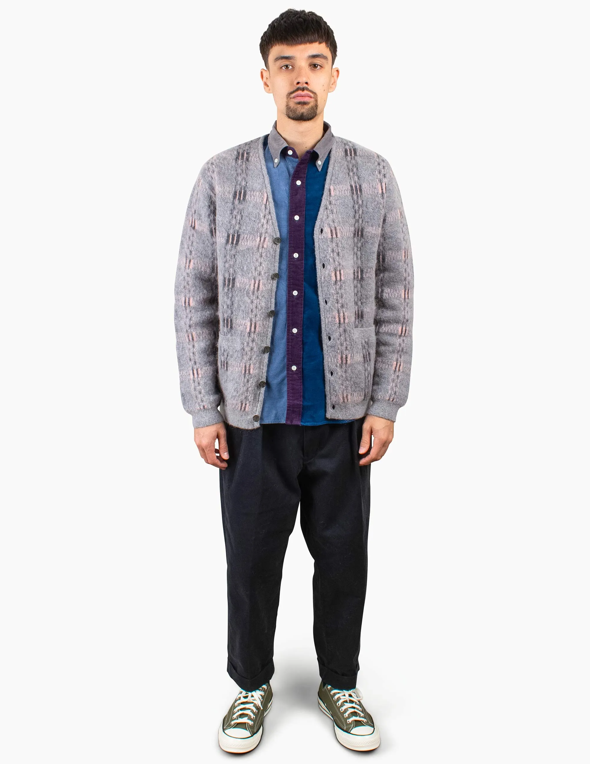 Beams Plus Cardigan Check Pattern Jacquard Mohair 9G Grey