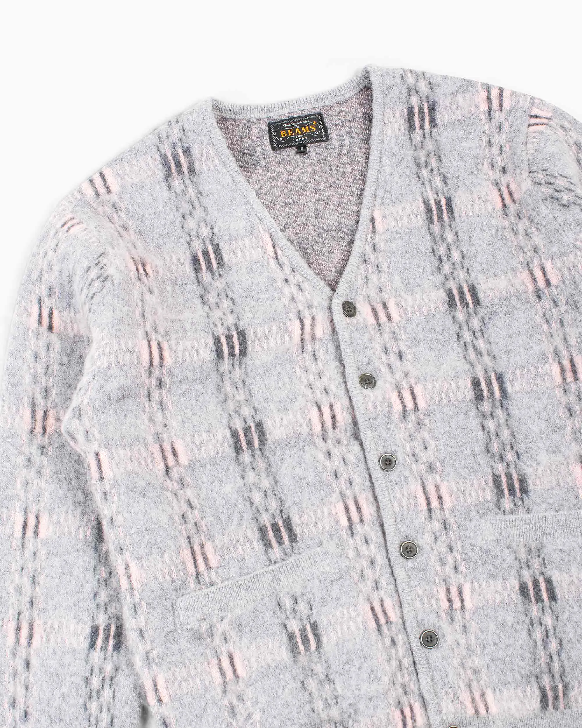 Beams Plus Cardigan Check Pattern Jacquard Mohair 9G Grey