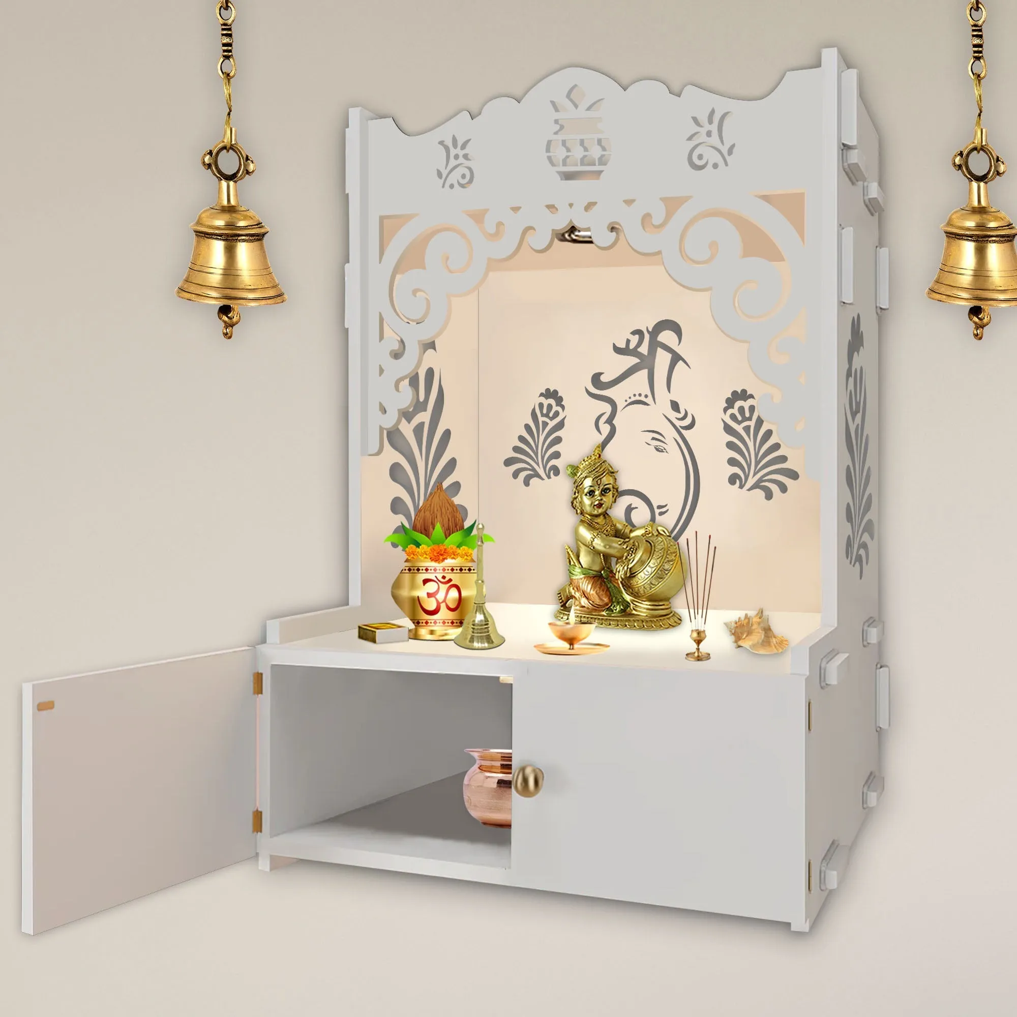 Beautiful Design of Lord Ganesh White Wooden Wall Temple for Home With Inbuilt focus Lights & Spacious Shelf