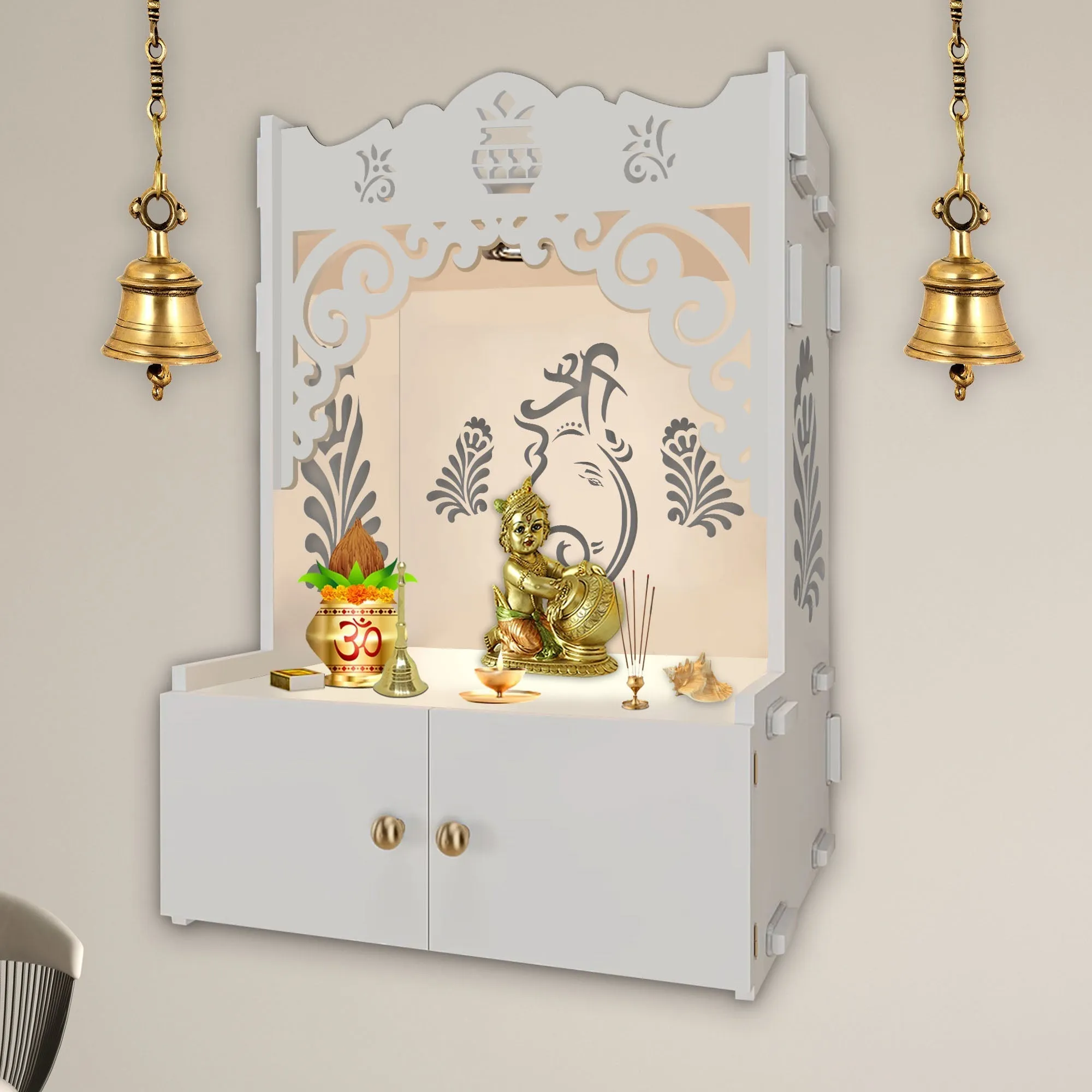 Beautiful Design of Lord Ganesh White Wooden Wall Temple for Home With Inbuilt focus Lights & Spacious Shelf