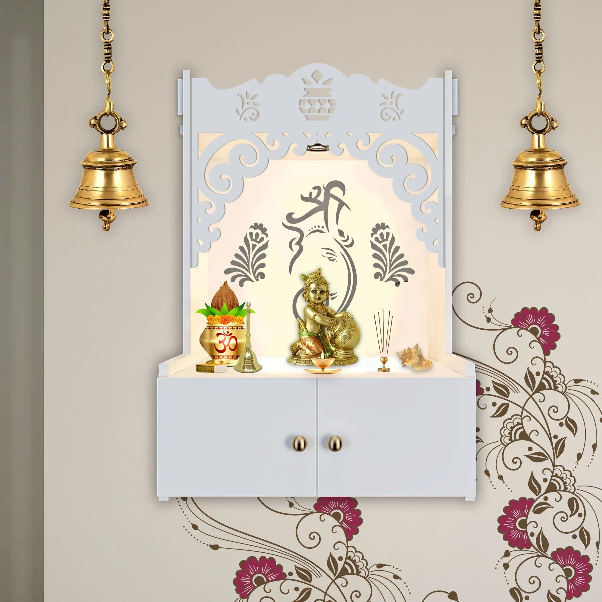 Beautiful Design of Lord Ganesh White Wooden Wall Temple for Home With Inbuilt focus Lights & Spacious Shelf