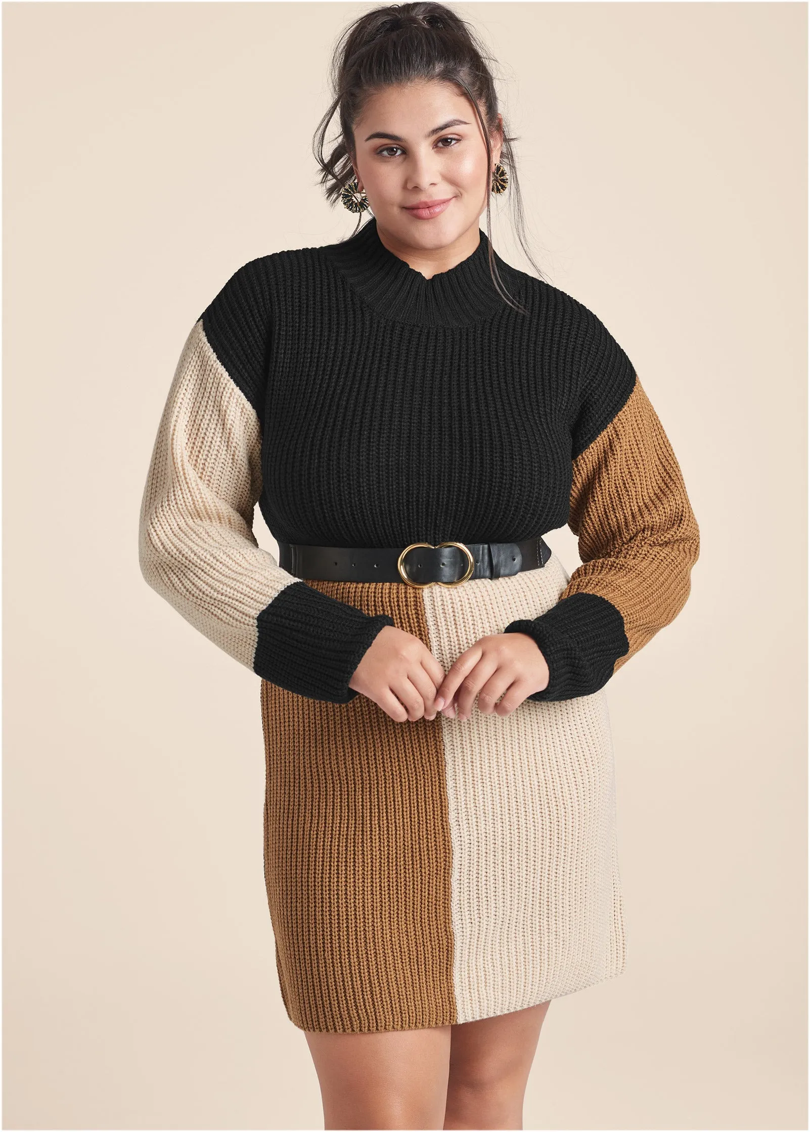 Belted Color Block Sweater Dress - Black Multi