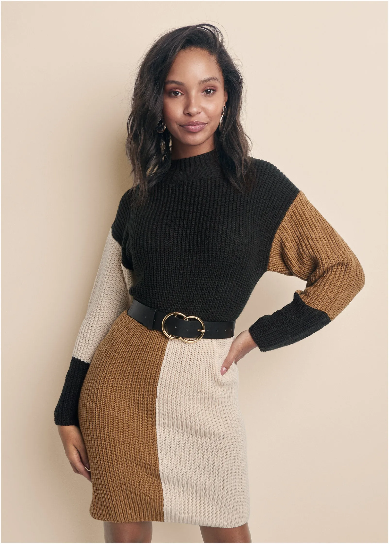 Belted Color Block Sweater Dress - Black Multi