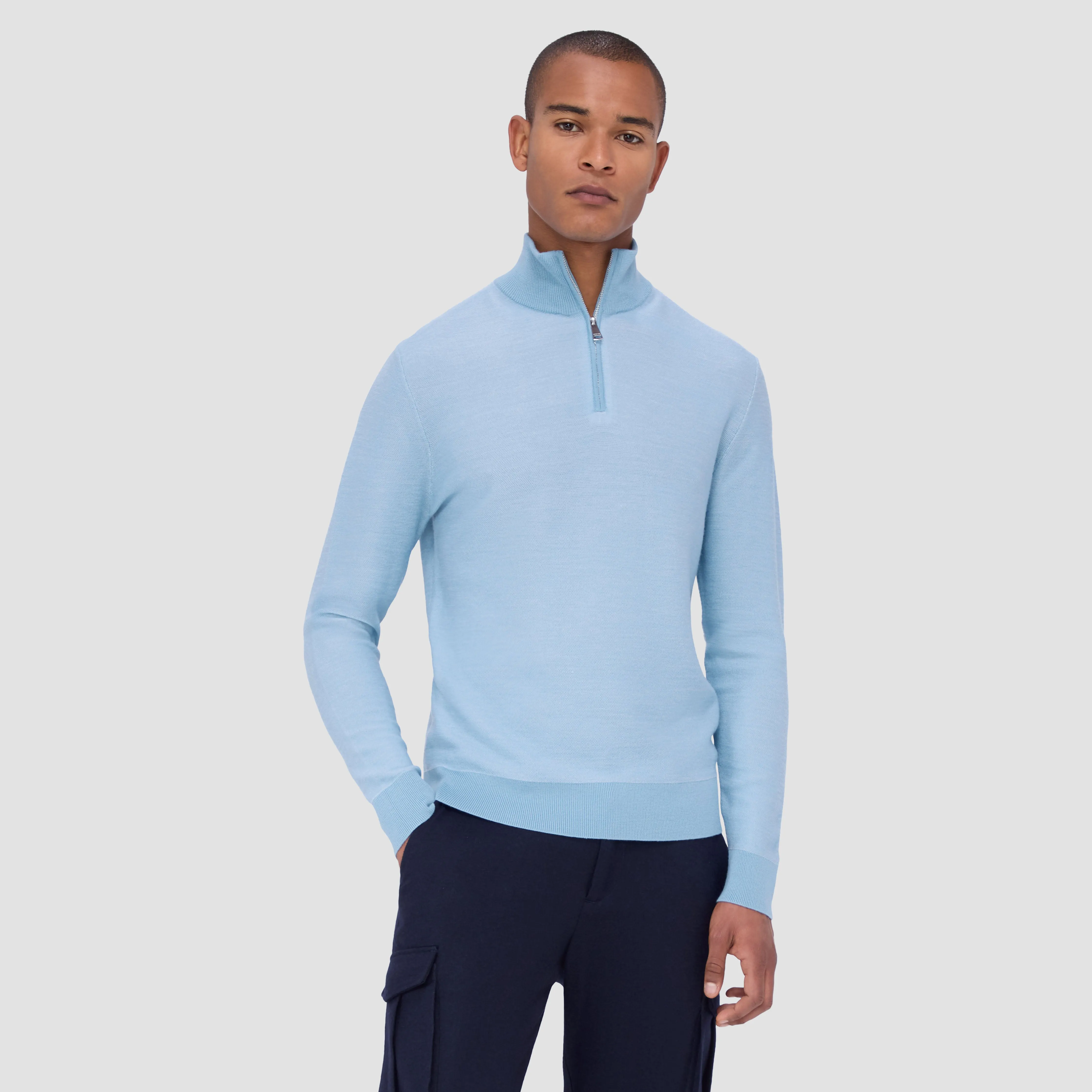 Bird's Eye Jacquard Quarter Zip Mock Neck Sweater