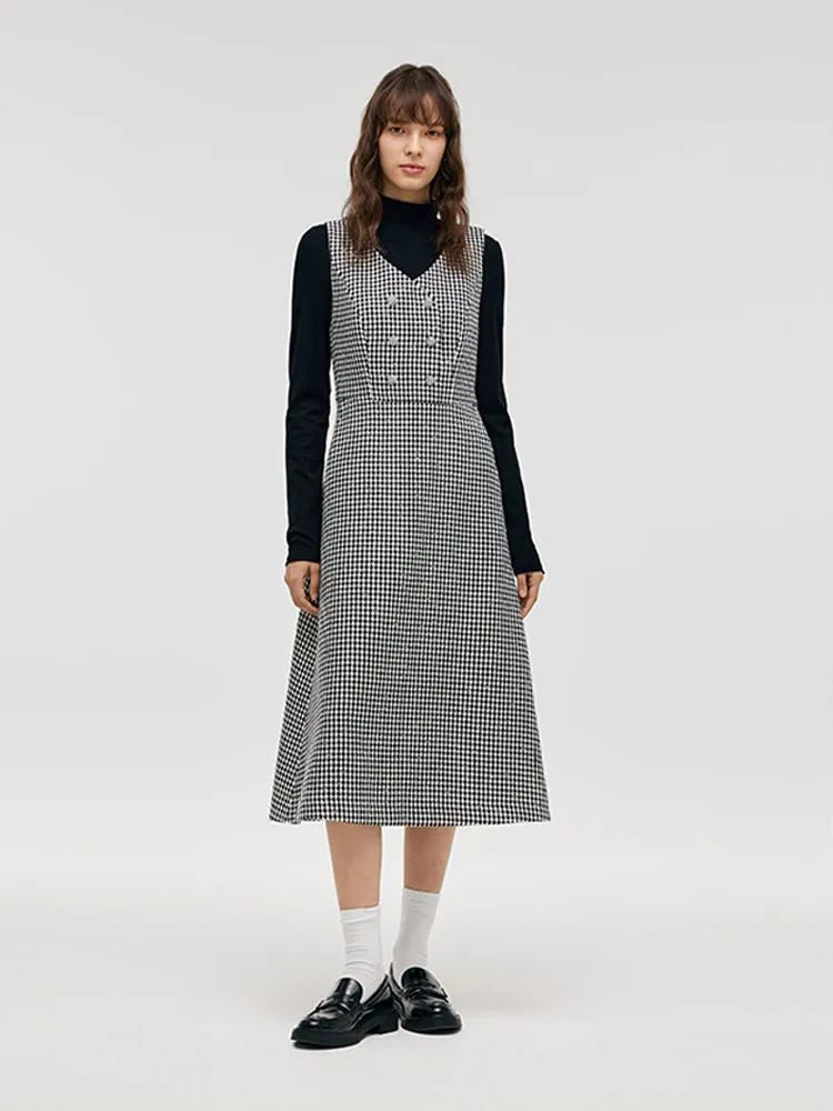 Black And White Houndstooth Vest Dress And Mock Neck Sweater Two-Piece Suit