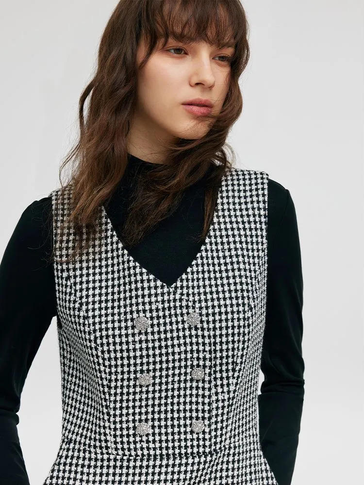 Black And White Houndstooth Vest Dress And Mock Neck Sweater Two-Piece Suit