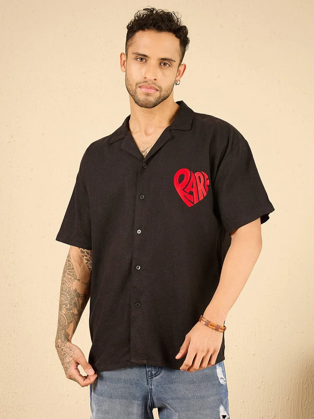 Black Heart Embroidered Cuban Linen Shirt