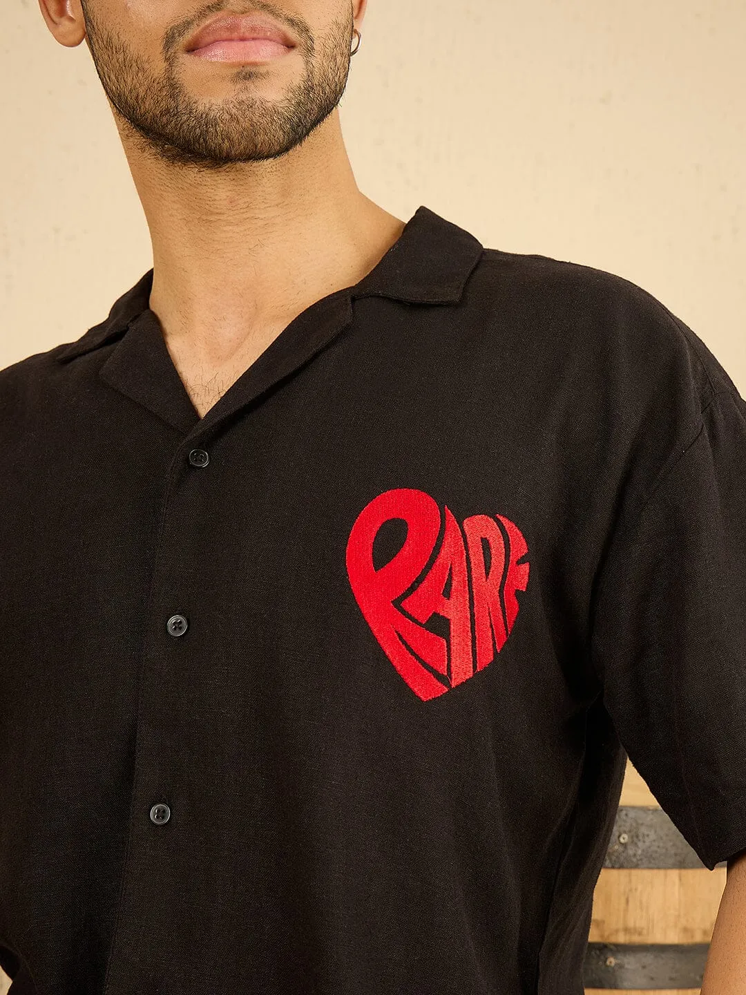 Black Heart Embroidered Cuban Linen Shirt