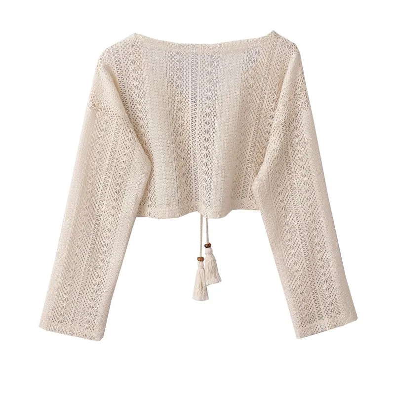 Bohemian Hollow Tie Front Crochet Knit Lightweight Cropped Cardigan