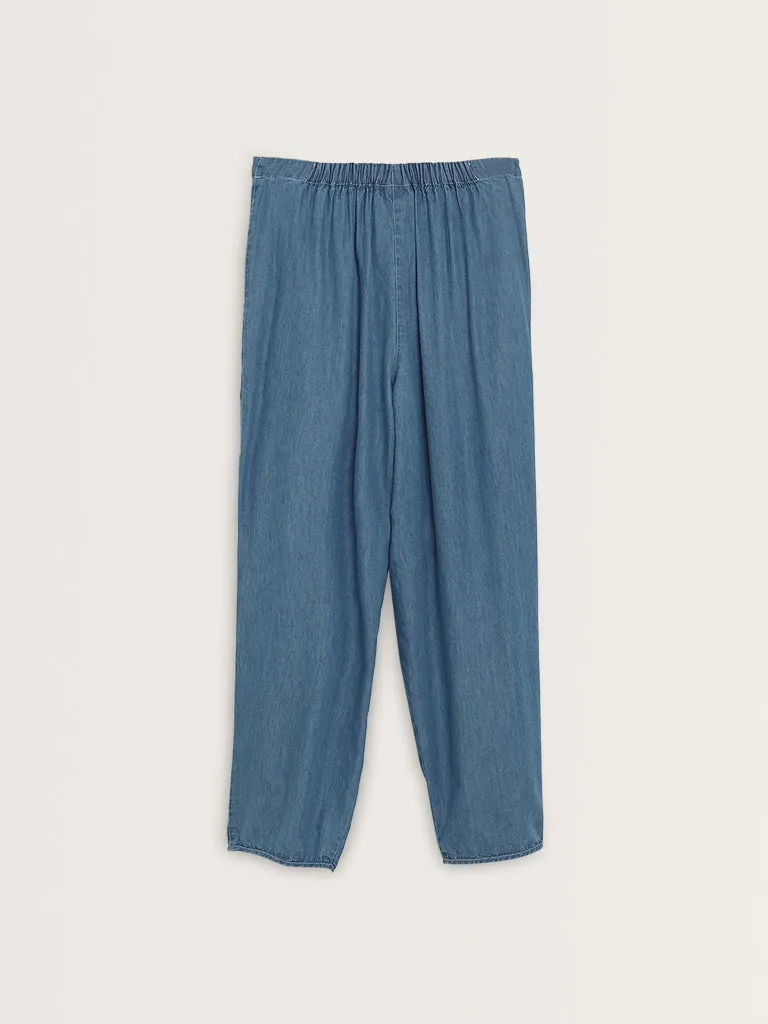 Bombay Paisley Blue Patiala-Style High-Rise Denim Pants