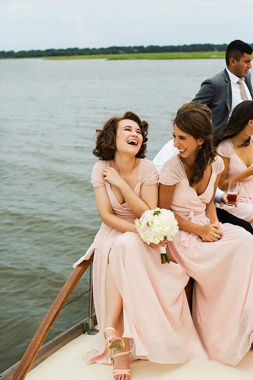 Charming  Long Light Pink Deep V-neck Cap Sleeve Split Chiffon Sash Cheap Simple Style Bridesmaid Dresses, AB1158