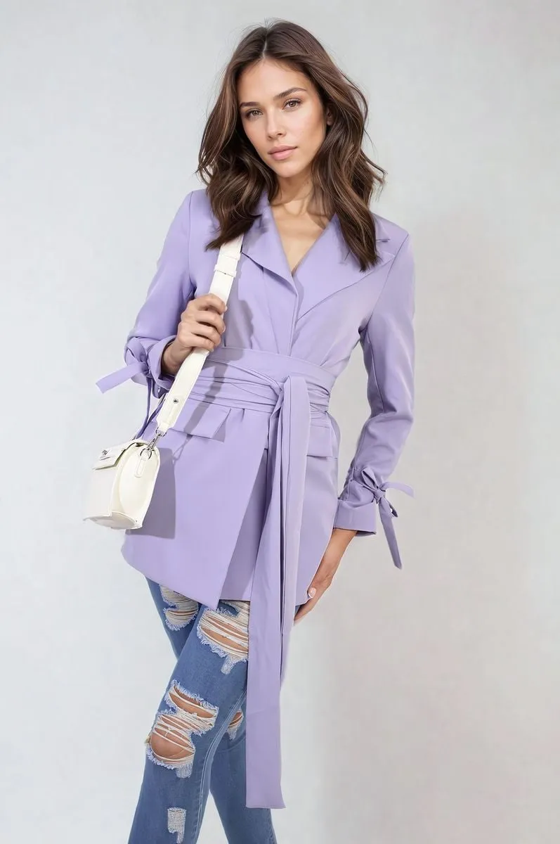 Collared Long Sleeve V-Neck Belted Blazer Jacket