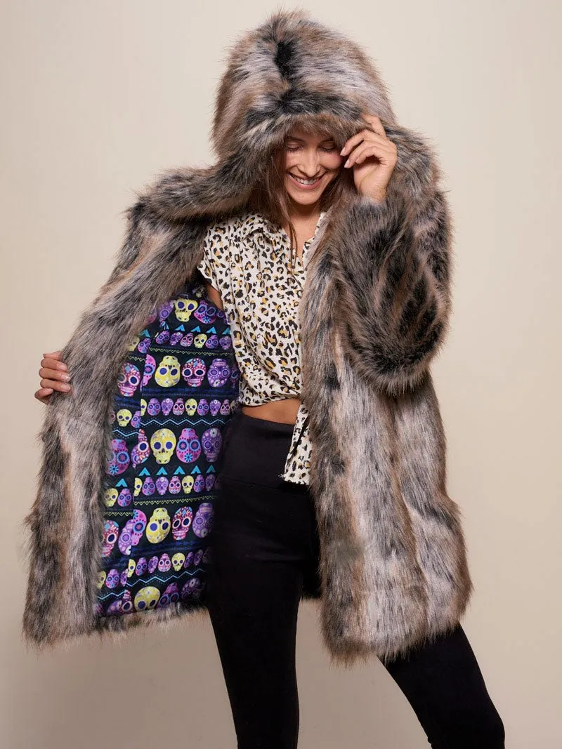 Collector Edition Hooded Grey Wolf Dia De Los Muertos Faux Fur Coat