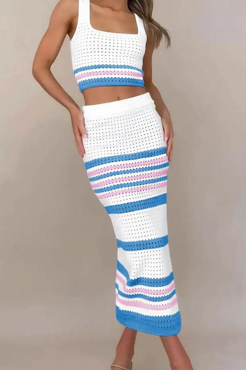 COLOR STRIPED CORP TOP AND SLIT SKIRT SET