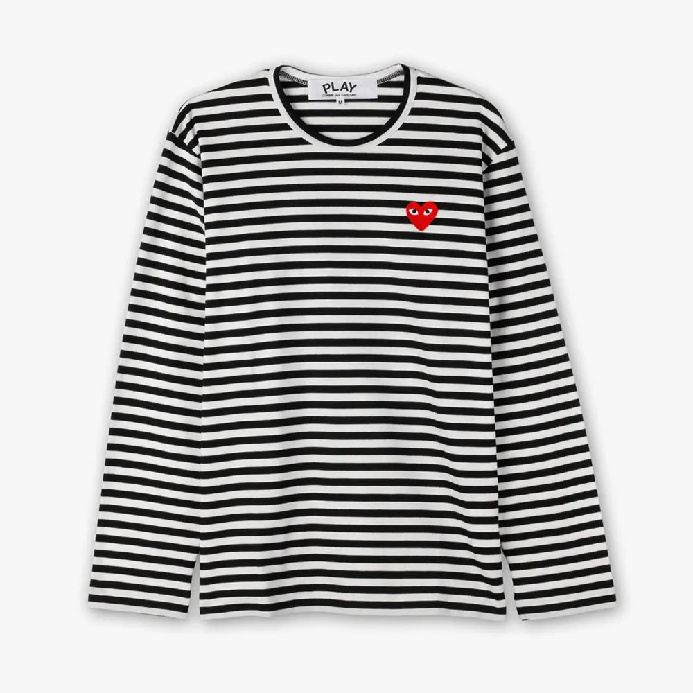 COMME des GARÇONS PLAY Red Heart Striped Long Sleeve T-shirt Black / White