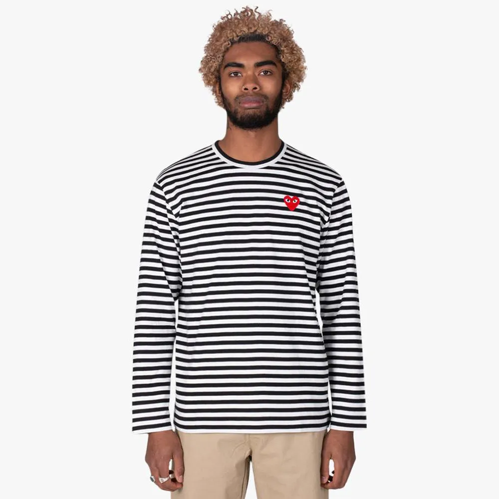 COMME des GARÇONS PLAY Red Heart Striped Long Sleeve T-shirt Black / White