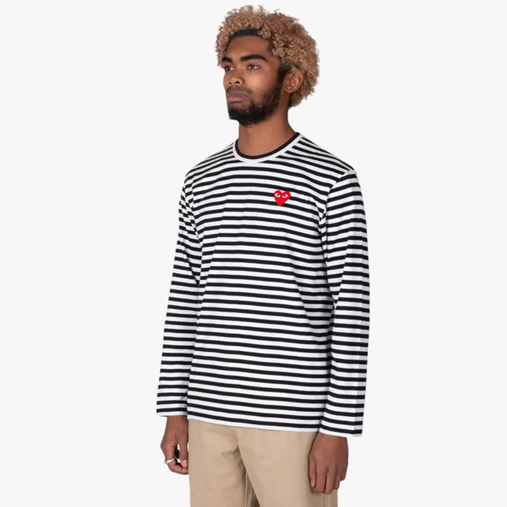 COMME des GARÇONS PLAY Red Heart Striped Long Sleeve T-shirt Black / White