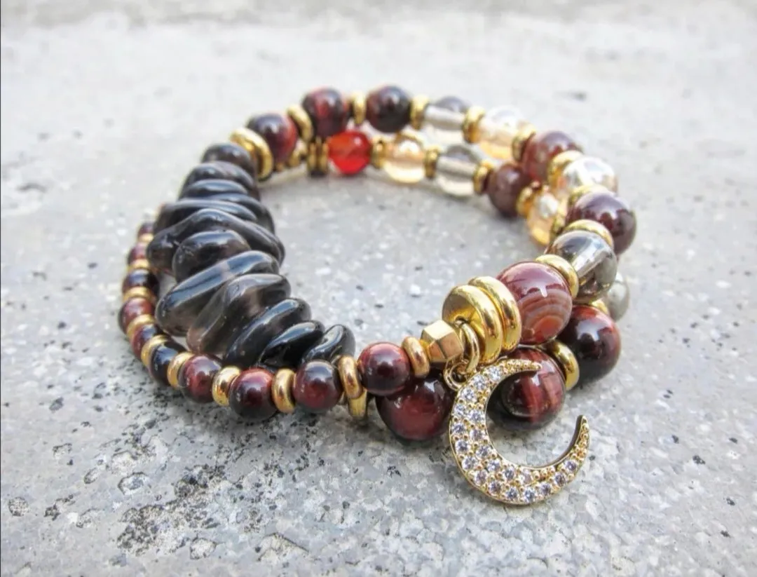 Confidence, Calming   Protection Mala Bracelet - Red Tiger Eye and Smoky Quartz